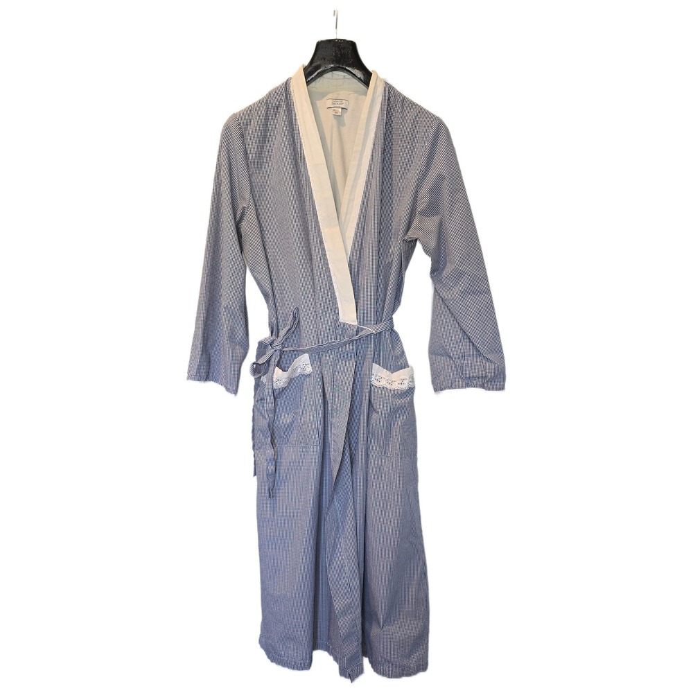 Celestial Dream Blue Gingham Check Lace Trim Wrap Robe Cotton Blend Small
